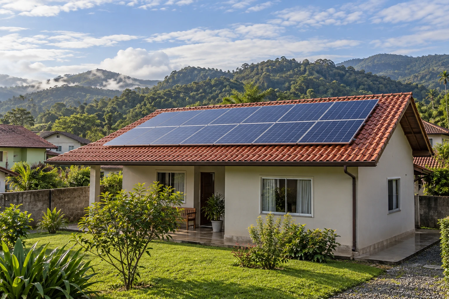 Cena ilustrativa de casa com energia solar inspirada na paisagem de Indaial, Santa Catarina